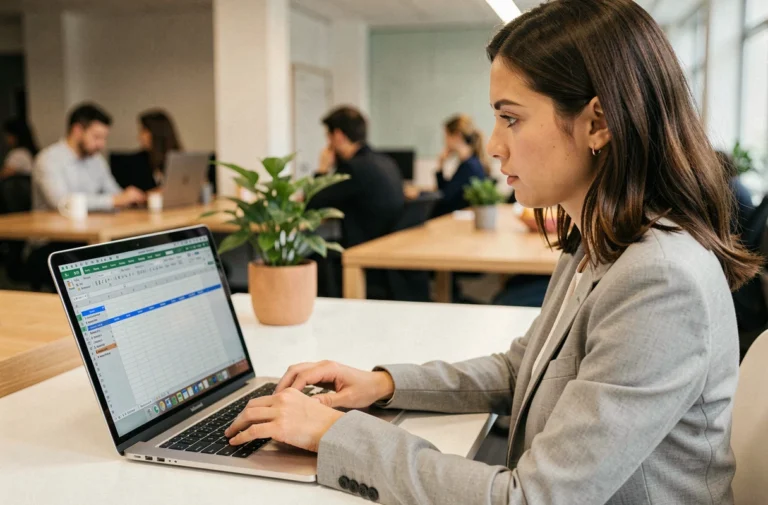Femme travaillant sur Excel pour convertir des lignes en colonnes dans un bureau moderne