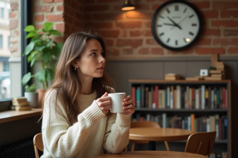 Femme pensive regardant une horloge affichant 15h55 dans un café cosy, symbolisant les messages cachés en amour