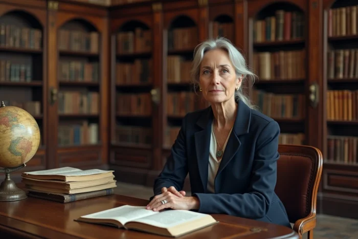 Femme française intellectuelle assise dans une bibliothèque historique entourée de livres anciens, symbole du savoir et du patrimoine culturel féminin français