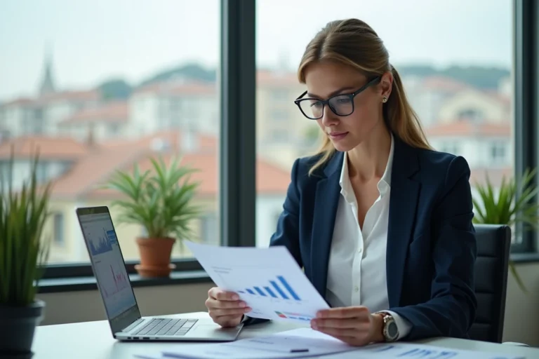 Femme professionnelle analysant des documents d'investissement immobilier dans un bureau moderne avec vue sur la ville