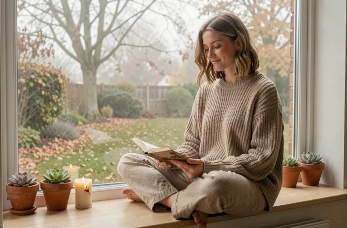 Femme détendue lisant un livre sur un banc de fenêtre confortable avec des plantes en pot et une bougie, ambiance cocooning d'automne