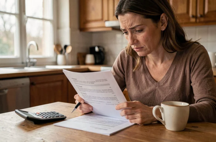 Une femme examine attentivement son contrat de prêt immobilier à son domicile en cherchant les clauses de remboursement anticipé