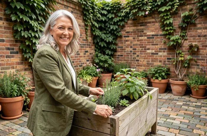 Femme mature et confiante dans la cinquantaine entretenant un jardin urbain en plein air avec sérénité