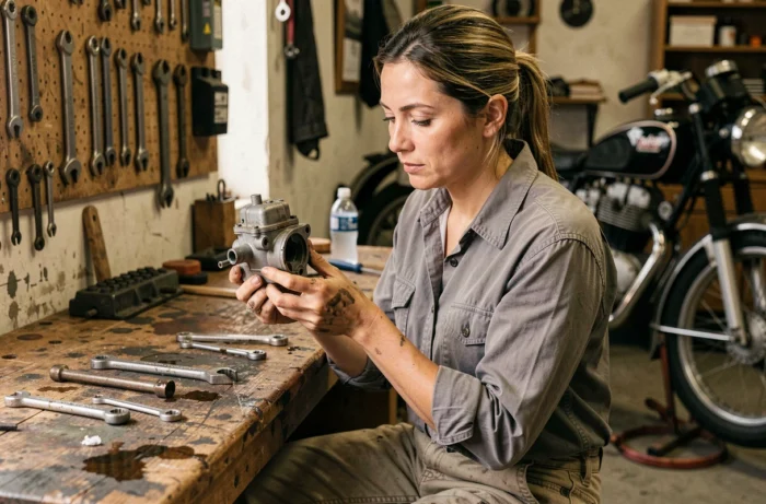 Femme mécanicienne motarde concentrée sur un carburateur démonté dans un atelier garage rustique, entourée d'outils et d'un cadre de moto vintage