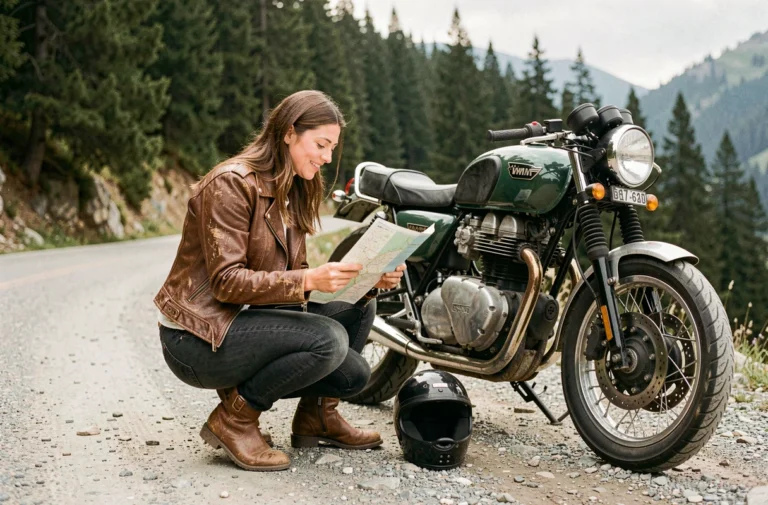 Femme motarde en veste de cuir marron accroupie près d'une moto cafe racer sur une route de montagne, consultant une carte papier avec un casque posé sur la selle