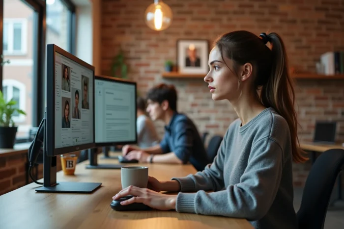 Femme travaillant seule sur un outil collaboratif en ligne dans un espace de coworking moderne