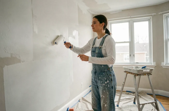 Femme peignant un mur intérieur lors d'une rénovation maison avec rouleau et bâche de protection