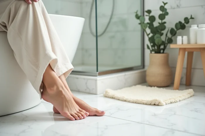 Femme photographiant ses pieds avec un smartphone dans une salle de bain au style épuré pour un compte OnlyFans