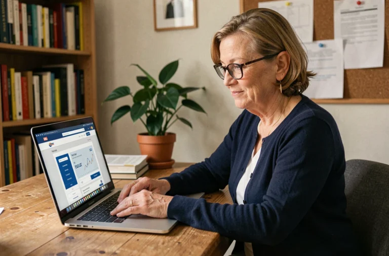 Femme utilisant le portail malin La Poste sur son ordinateur portable pour gérer ses démarches administratives depuis son bureau à domicile