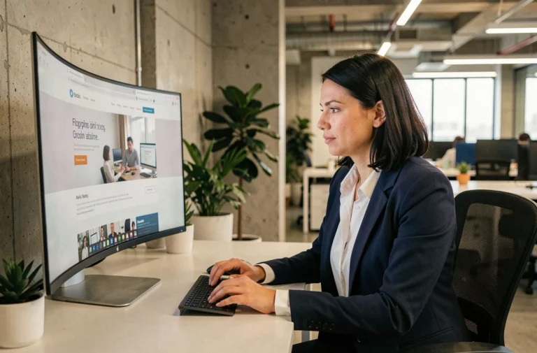 Femme professionnelle consultant le site web de son entreprise sur un écran d'ordinateur dans un bureau moderne