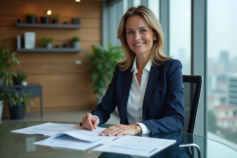 Femme professionnelle en blazer marine analysant des documents de stratégie d'entreprise dans un bureau moderne avec vue sur la ville