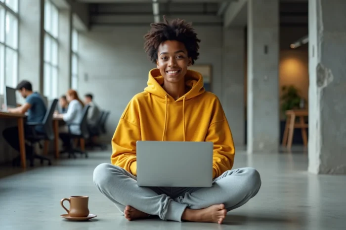 Jeune femme explorant des ressources tech et innovation sur un laptop dans un espace de co-working industriel