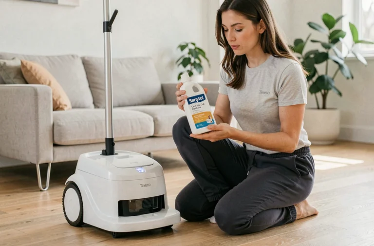 Femme lisant l'étiquette d'un produit Sanytol mousse avant de l'utiliser avec un aspirateur laveur Tineco sur parquet