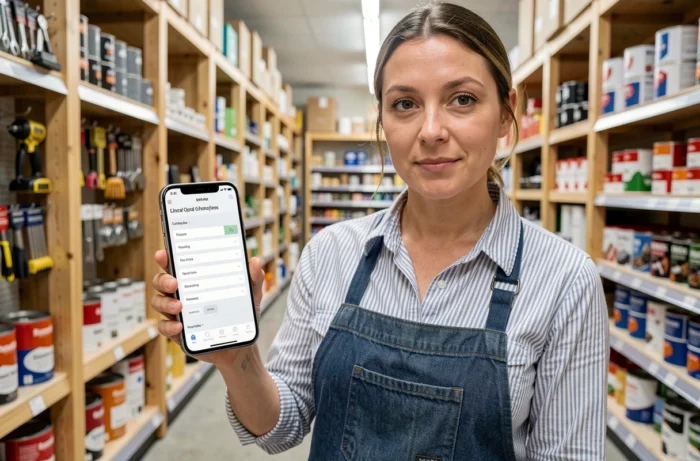 Femme en tablier consultant un site de bricolage structuré sur smartphone dans un magasin de matériaux