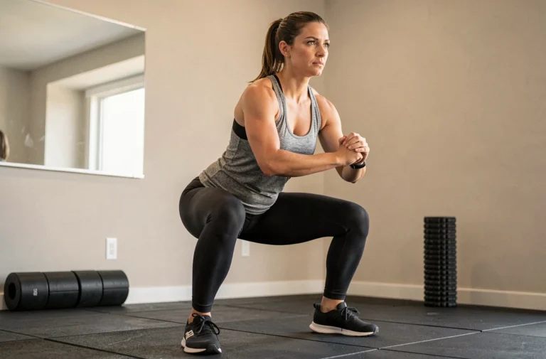 Femme sportive effectuant des squats dans une salle de fitness à domicile moderne pour débuter le fitness au quotidien