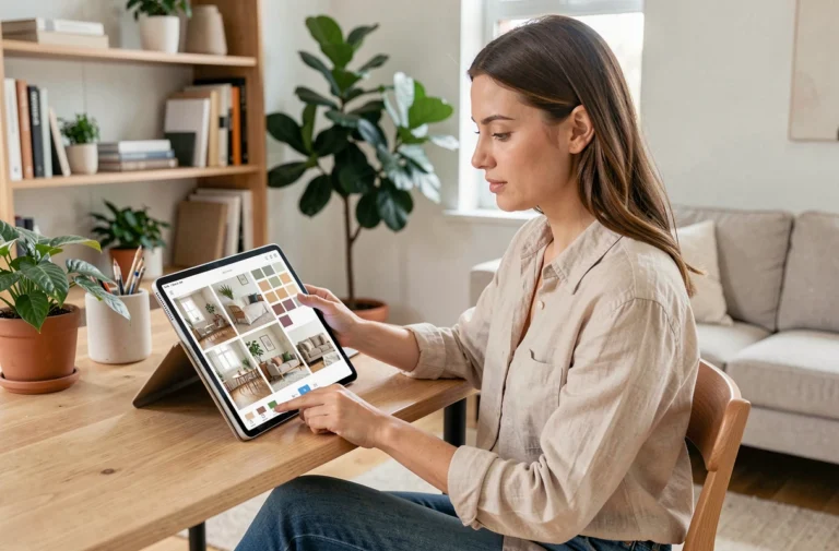 Femme consultant des idées de décoration intérieure sur une tablette dans un salon scandinave minimaliste