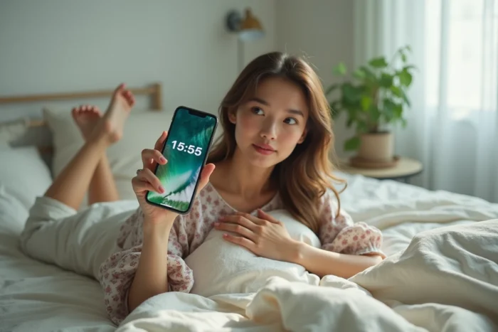 Jeune femme allongée sur un lit regardant son téléphone affichant 15h55, moment de prise de conscience sur les signes en amour