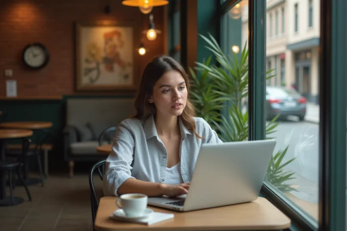 Jeune femme travaillant sur un sitemap en ligne sur son ordinateur portable dans un café urbain chaleureux