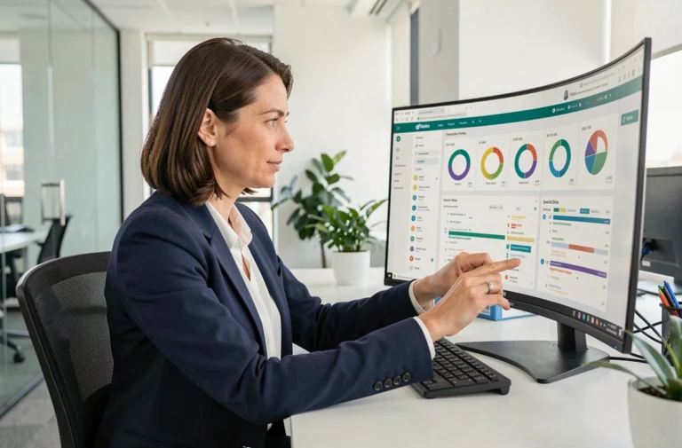 Femme professionnelle utilisant un logiciel CRM sur un écran courbe dans un bureau moderne avec des graphiques de données clients