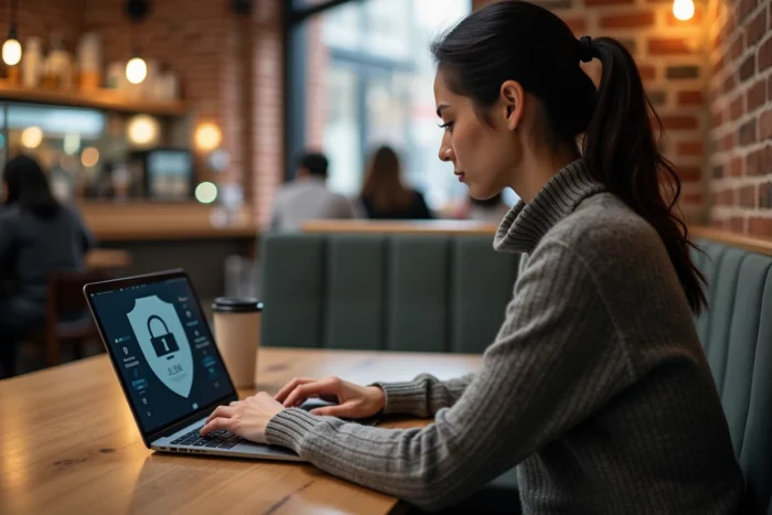 Femme utilisant un VPN dans un café pour une connexion internet sécurisée et anonyme