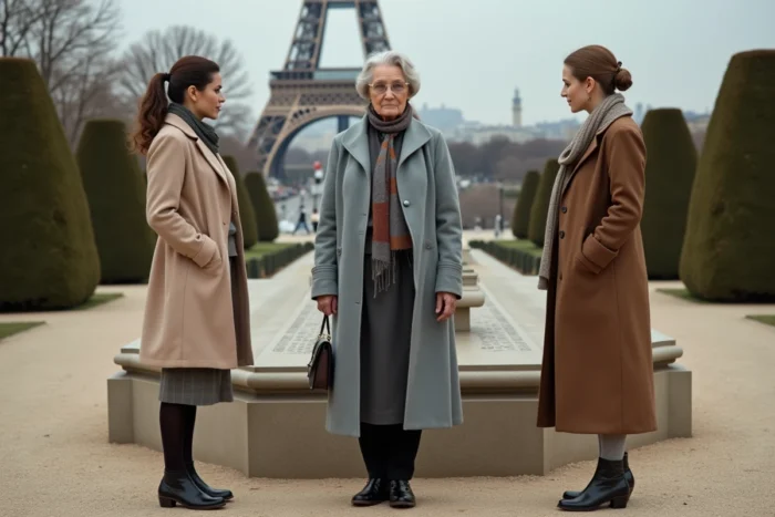 Trois femmes françaises de générations différentes réunies devant un monument historique parisien, représentant l'héritage des grandes figures féminines de l'histoire de France