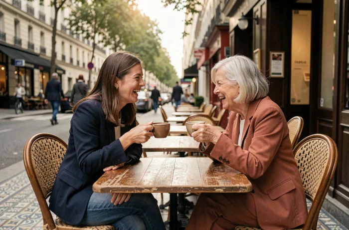 Deux femmes de générations différentes partagent un moment de complicité et de rire dans un café parisien en terrasse
