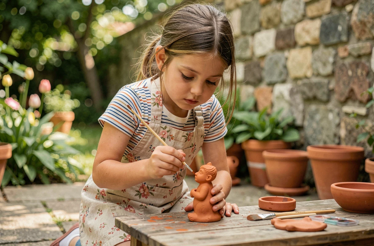 Jeune fille peignant une figurine en argile dans un jardin, activité créative et écologique pour enfants