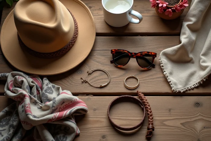 Flat-lay d'accessoires tendance de la saison incluant chapeau, lunettes, ceinture et foulard sur table en bois rustique