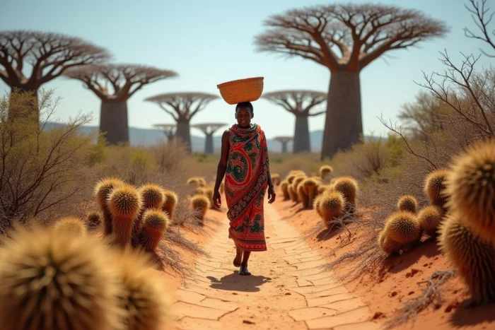 Femme malgache traversant la forêt épineuse aride du sud de Madagascar près d'Ifaty avec des baobabs et des Didiereaceae