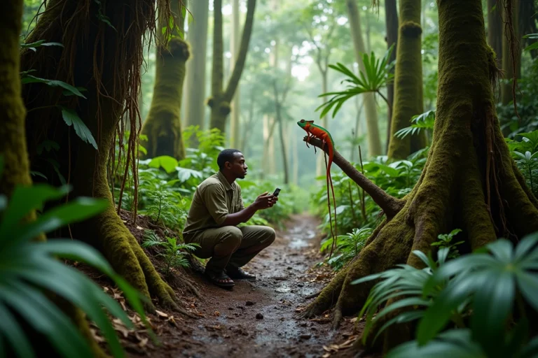 Guide naturaliste malgache observant un caméléon dans la forêt tropicale humide de la péninsule de Masoala à Madagascar
