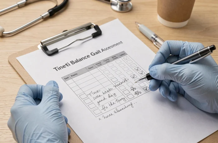 Gros plan sur le formulaire imprimé du test de Tinetti annoté par un professionnel de santé