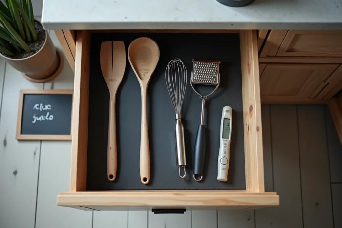 Collection de gadgets de cuisine indispensables disposés en flat lay sur une surface en ardoise dans une cuisine scandinave