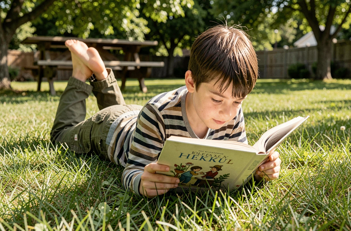 Garçon lisant un livre illustré allongé dans l'herbe, activité calme et enrichissante pour enfants