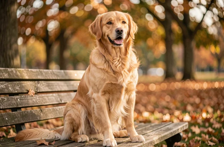 Golden Retriever adulte assis sur un banc en bois dans un parc automnal, regard expressif et pelage doré détaillé