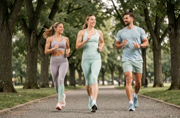 Groupe d'adultes faisant du jogging ensemble dans un parc urbain pour progresser rapidement en fitness au quotidien