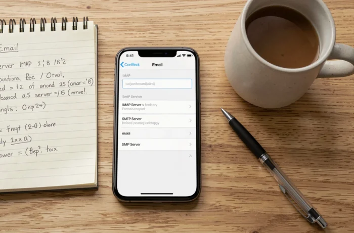 Vue à plat d'un smartphone avec paramètres de messagerie convergence Toulouse, carnet de notes et stylo sur un bureau en bois