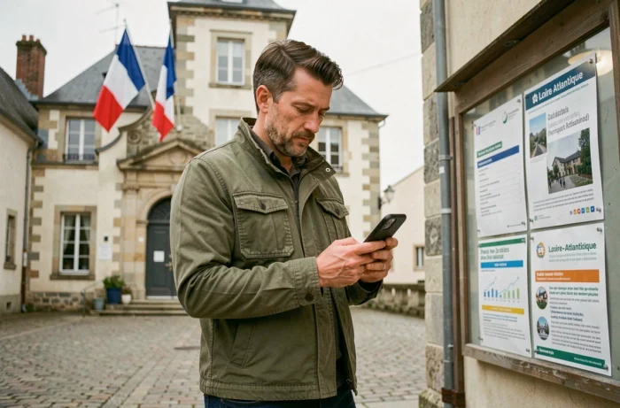 Habitant consultant les pages en ligne des services de Cœur Pays de Retz sur smartphone en centre-ville