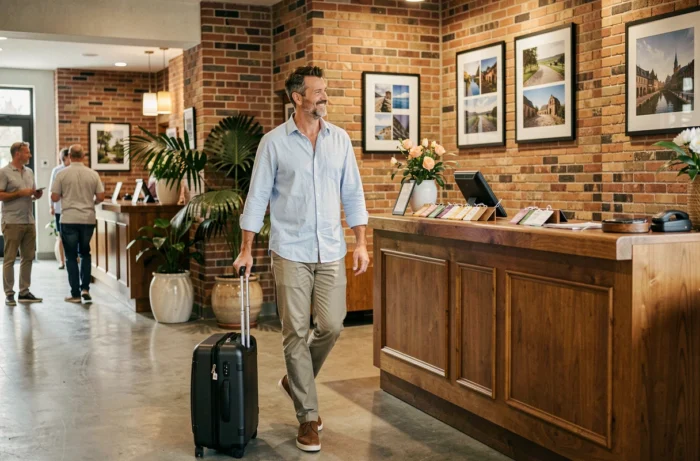 Homme arrivant dans le lobby d'un boutique hôtel avec une valise, ambiance accueillante et moderne