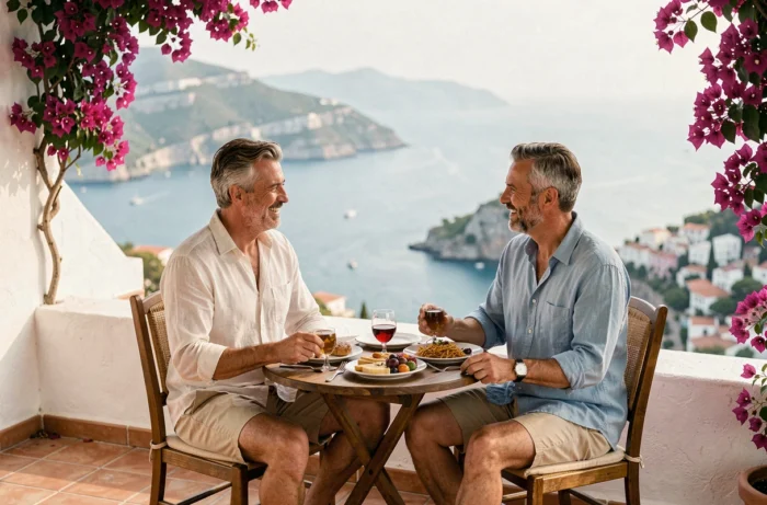 Couple profitant d'un petit-déjeuner sur la terrasse d'un hôtel avec vue sur la mer Méditerranée