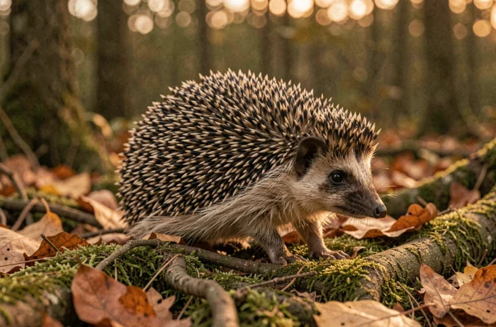 Hérisson alerte en forêt sur un sol moussu, museau levé, entouré de feuilles d'automne