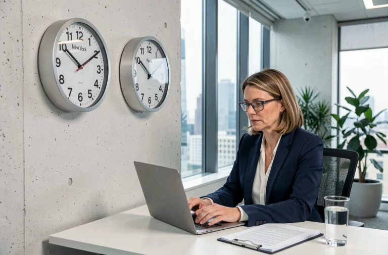 Femme professionnelle comparant deux horloges murales indiquant l'heure de New York et de Paris dans un bureau moderne