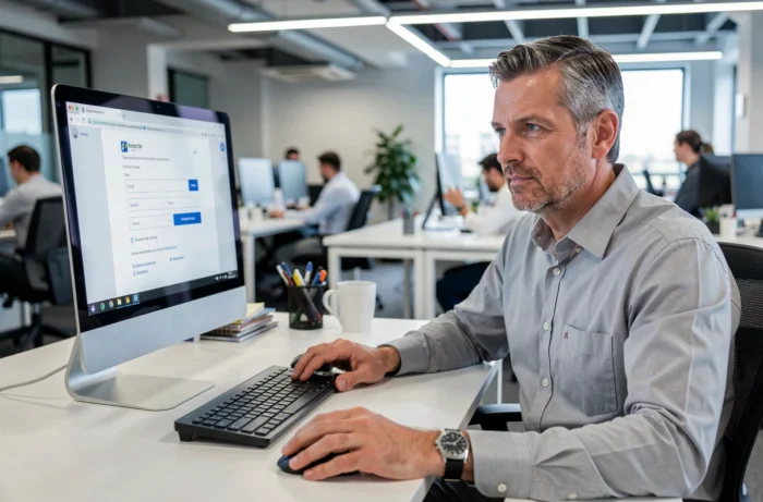 Homme d'affaires accédant à sa messagerie électronique sur un ordinateur de bureau dans un open space professionnel