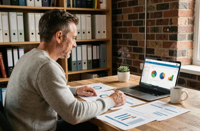 Homme travaillant depuis son bureau à domicile en analysant des rapports CRM imprimés et des données clients sur un ordinateur portable