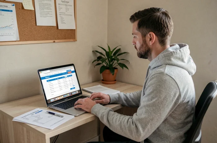 Homme consultant les dates de versement AAH 2026 sur son ordinateur portable dans un bureau à domicile