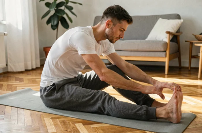 Homme s'étirant sur un tapis de yoga dans un salon moderne dans le cadre d'une routine fitness quotidienne pour débutants