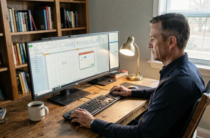 Homme utilisant la fonction Collage spécial d'Excel pour transposer des données sur double écran à domicile