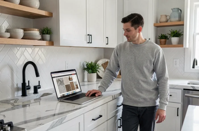 Homme parcourant un site de rénovation intérieure sur un ordinateur portable dans une cuisine moderne