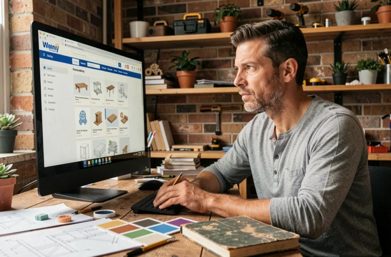 Homme consultant un site de bricolage bien structuré sur un écran d'ordinateur dans un bureau à domicile