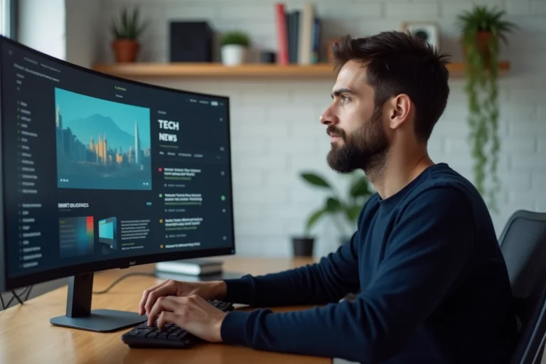 Homme passionné de high-tech naviguant sur des ressources en ligne depuis un bureau minimaliste à domicile