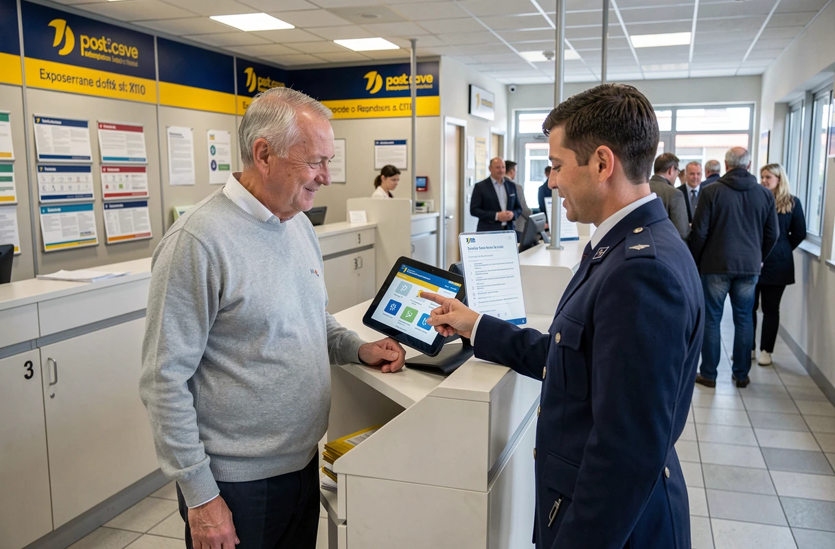 Homme senior accompagné par un agent de La Poste pour accéder aux nouveaux dispositifs sociaux via le portail numérique en bureau de poste
